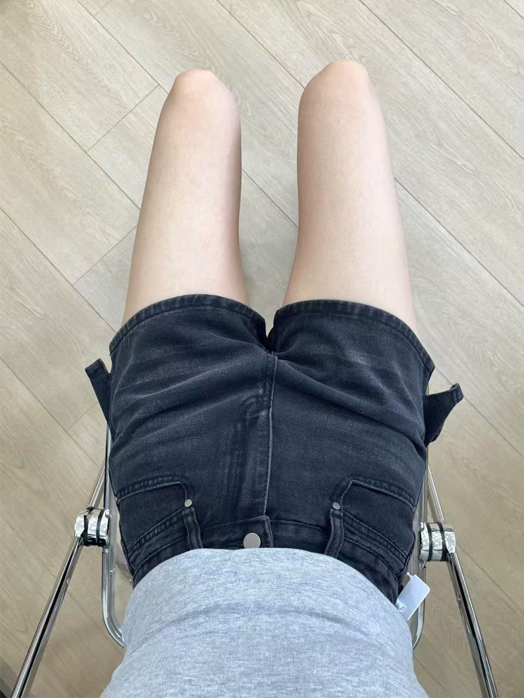 Quần short denim dáng lê dành cho nữ, kiểu dáng mỏng mùa hè, size lớn, cạp cao, xẻ tà che hông, quần ống rộng dáng chữ A tôn dáng