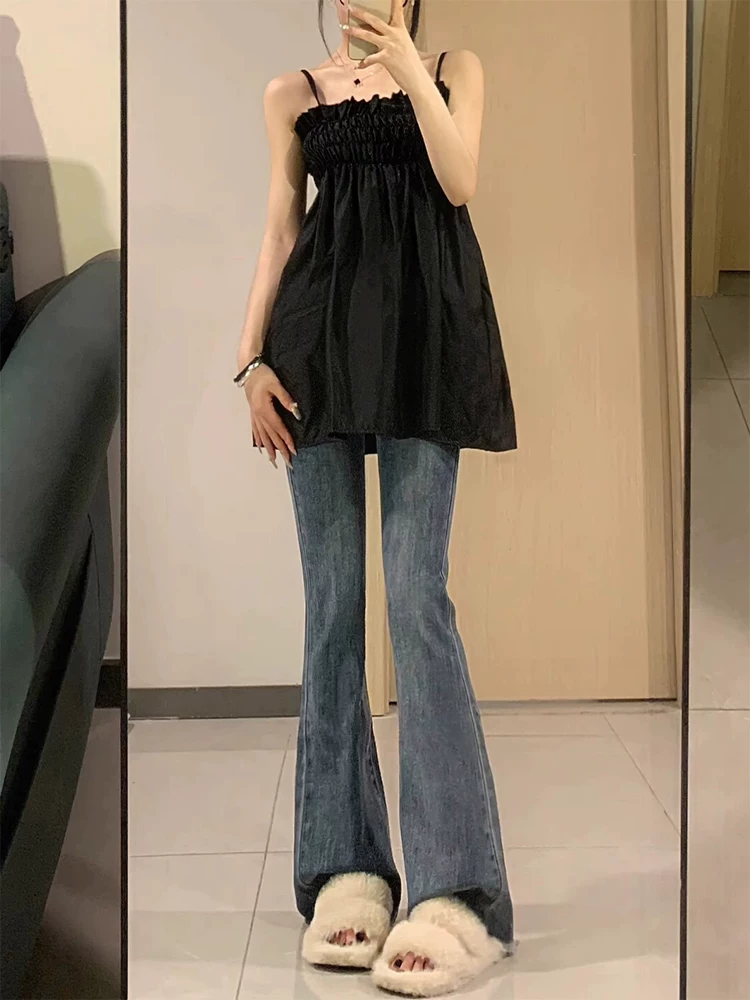 Quần jean ống loe màu xanh cổ điển dành cho nữ, phong cách mới đầu thu, cỡ lớn, lưng cao, co giãn, quần ống loe thon gọn.