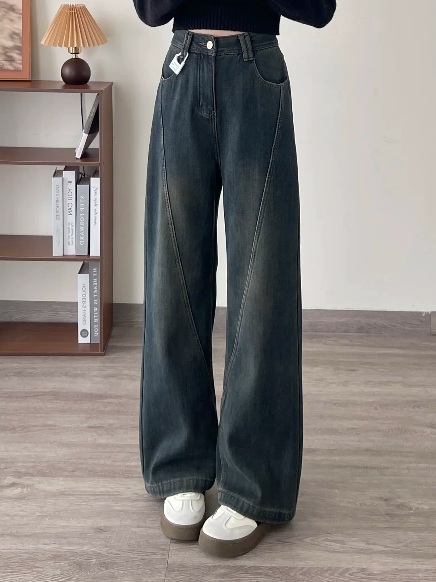 Quần jean ống đứng màu xám đất cổ điển dành cho nữ, phong cách mùa thu, cỡ lớn, lưng cao, dáng rộng, dáng thon gọn, ống rộng hẹp, quần dài đến sàn