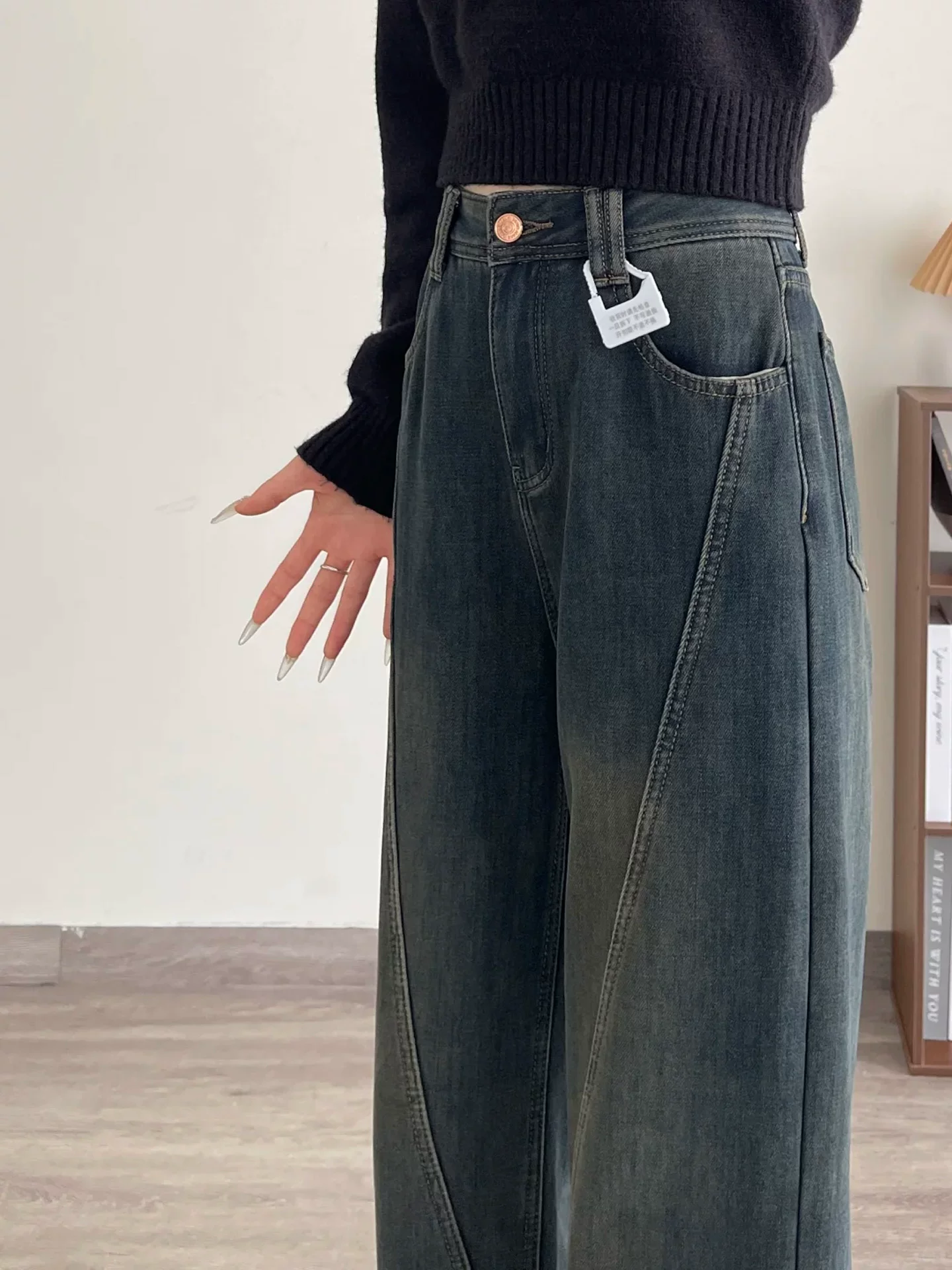 Quần jean ống đứng màu xám đất cổ điển dành cho nữ, phong cách mùa thu, cỡ lớn, lưng cao, dáng rộng, dáng thon gọn, ống rộng hẹp, quần dài đến sàn