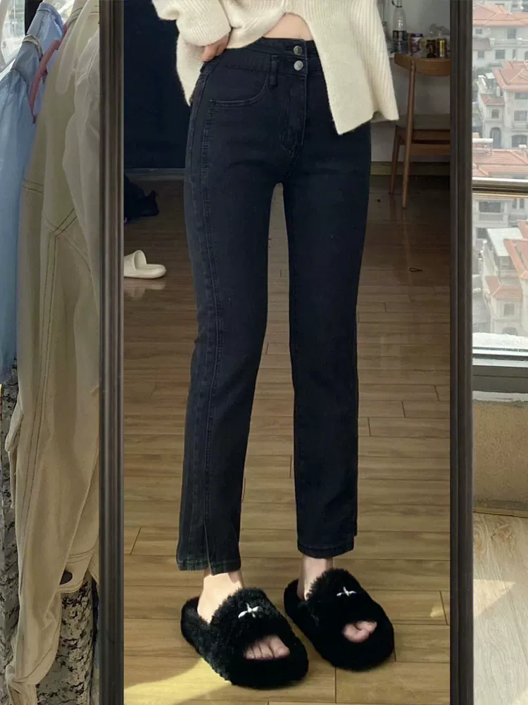 Quần jean ống đứng dáng quả lê dành cho nữ, lót lông cừu, cỡ lớn, dành cho các cô nàng mũm mĩm, cạp cao, che hông, quần thuốc lá thon gọn, dài ngang đùi.