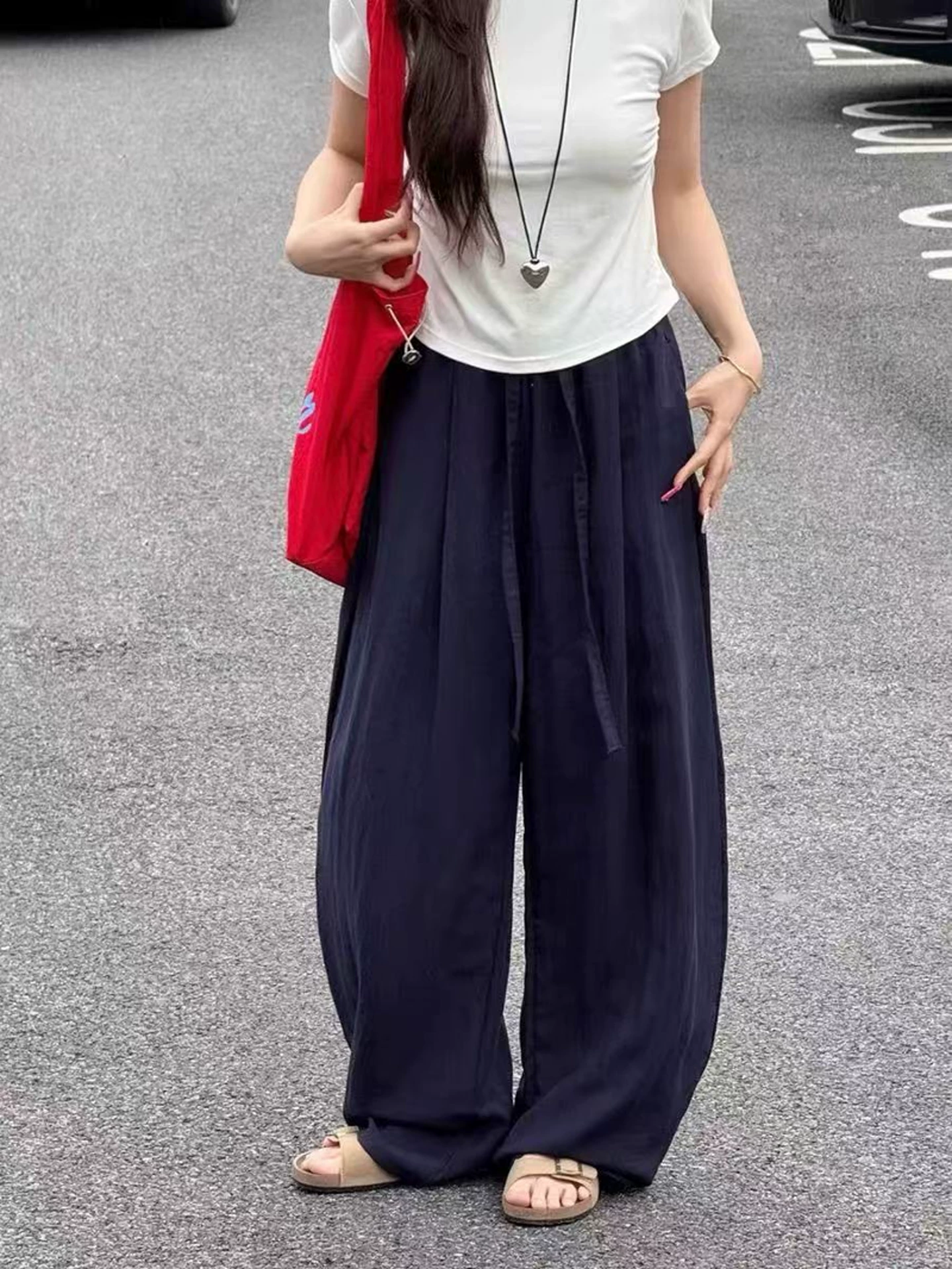 Quần vải lanh lụa băng dành cho nữ, kiểu dáng mỏng mùa hè, cỡ lớn, lưng cao, mềm mại, rộng rãi, tôn dáng, quần cotton-lanh dáng cong.