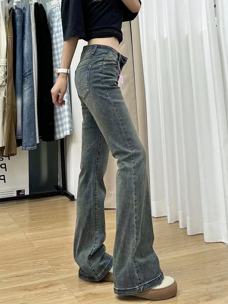 Quần jean xanh vintage dáng loe dành cho nữ, mặc đầu thu, size lớn, cạp cao, co giãn, che hông, quần ống loe tôn dáng.