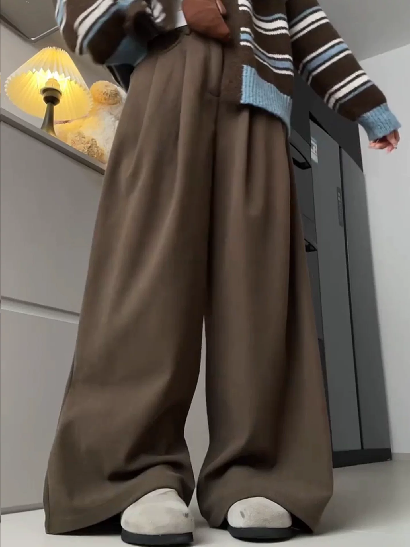 Quần ống rộng bằng vải nhung màu cà phê Melard dành cho nữ, lót lông cừu mùa đông, dày dặn, cỡ lớn, lưng cao, dáng rộng, giảm béo, quần thường ngày.