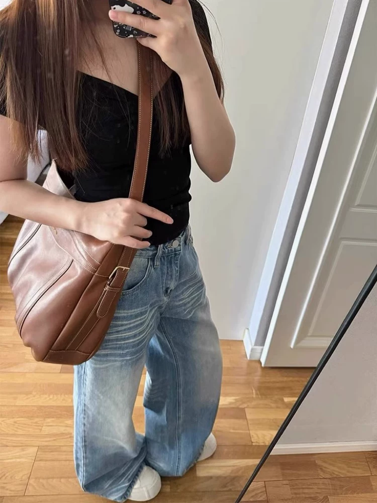 Quần jean ống thẳng kiểu Mỹ cổ điển dành cho nữ, phong cách mùa thu mới, cỡ lớn, lưng cao, dáng rộng, xếp nếp, giảm béo, quần ống rộng