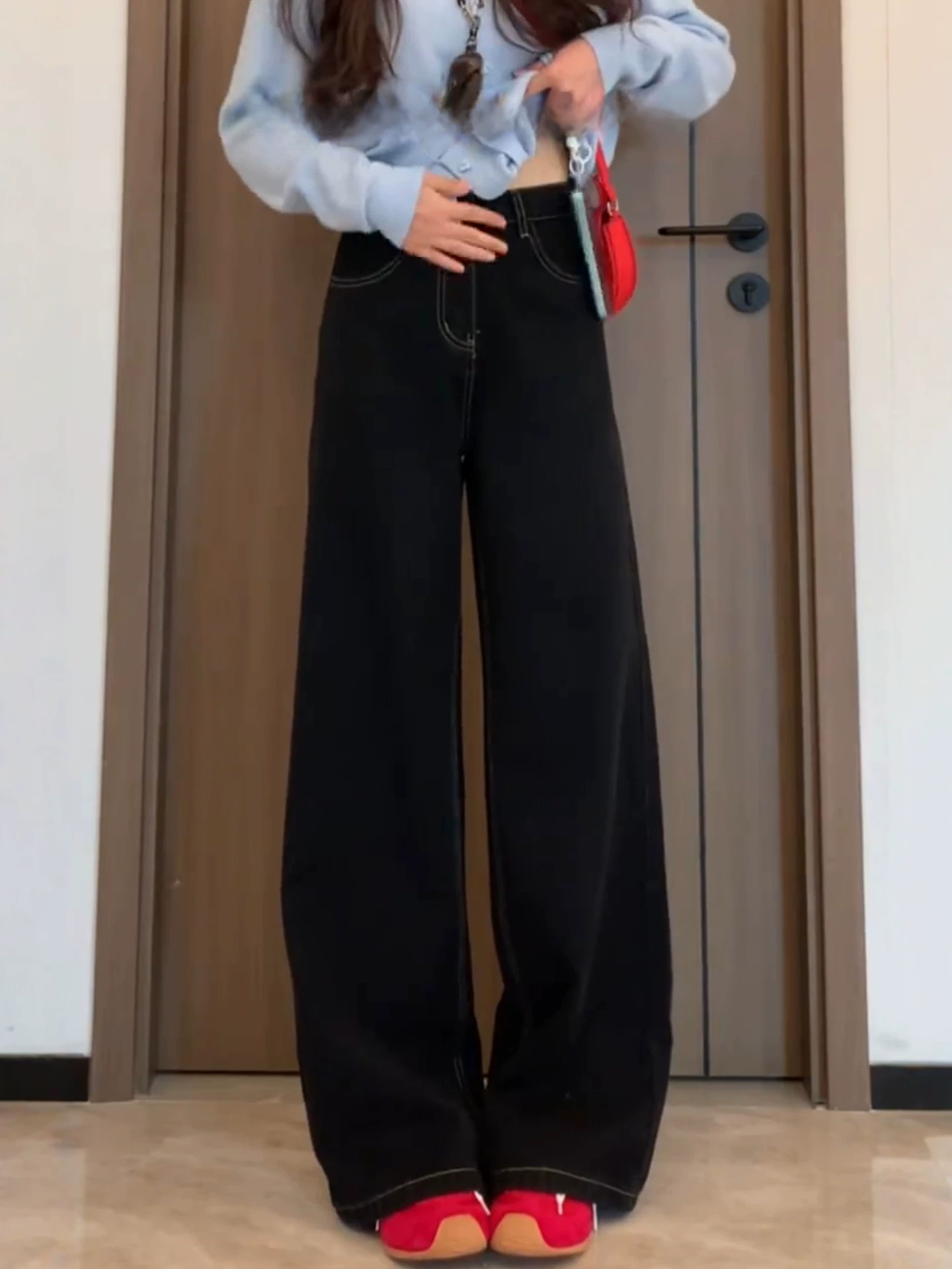 Quần jean đen ống thẳng cho nữ, mùa thu đông, lót lông cừu, dày, cỡ lớn, lưng cao, dáng rộng, giảm béo, ống rộng, quần dài đến sàn