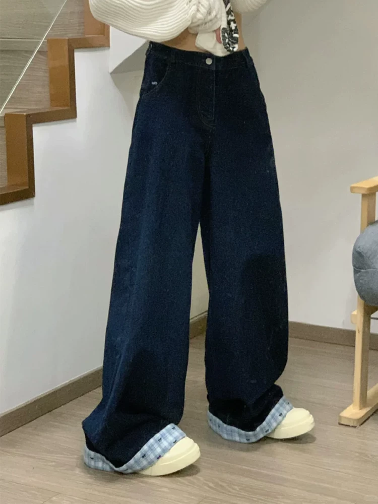 Quần jean chắp vá kiểu Mỹ dành cho nữ, mùa thu đông, cỡ lớn, mùa xuân, lưng cao, dáng rộng, giảm béo, quần ống thẳng, quần ống rộng