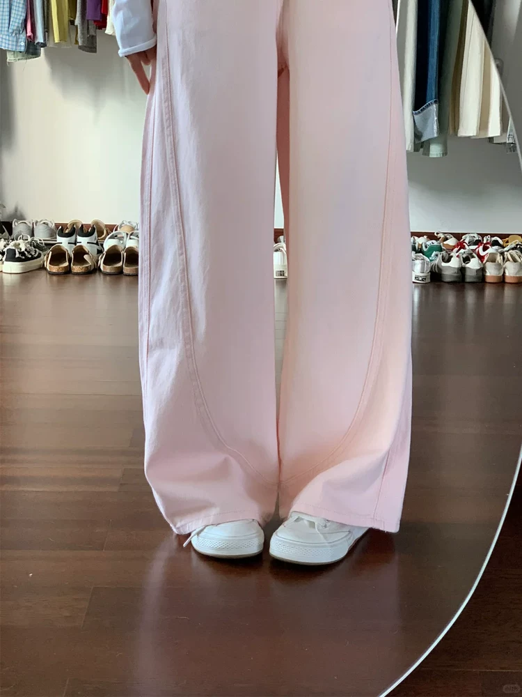 Quần jeans ống rộng màu hồng dành cho nữ mùa hè 2025, size lớn, cạp cao, dáng rộng, suôn mềm, tôn dáng, kiểu dáng thẳng