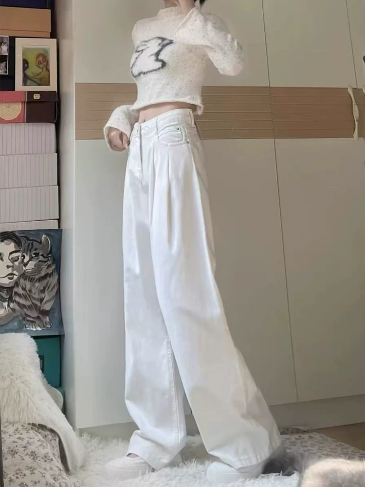 Quần jeans Tencel trắng nữ, hè 2025, mỏng, size lớn, cạp cao, rộng rãi, tôn dáng, chất liệu lụa đá, quần ống rộng