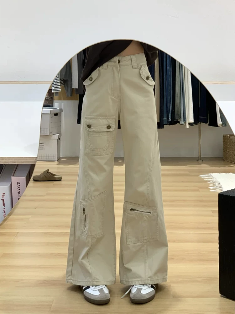 Quần cargo kiểu Mỹ cổ điển dành cho nữ, cỡ lớn mùa hè, lưng cao, dáng rộng, thon gọn, dáng quả lê, quần ống rộng