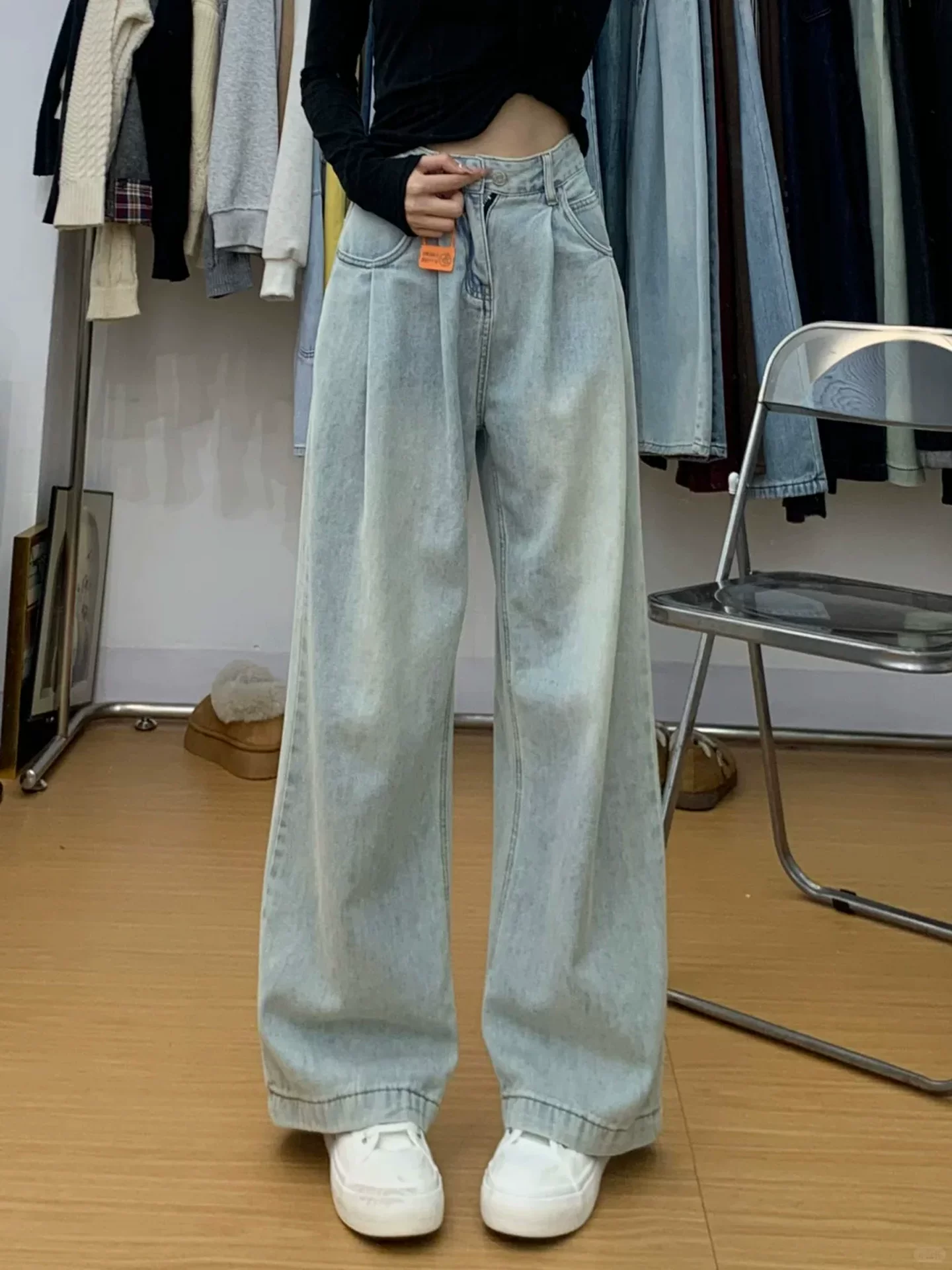 Quần jean ống thẳng màu sáng cho nữ, phong cách đầu thu, cỡ lớn, lưng cao, dáng rộng, che hông, giảm béo, dáng quả lê, quần ống rộng