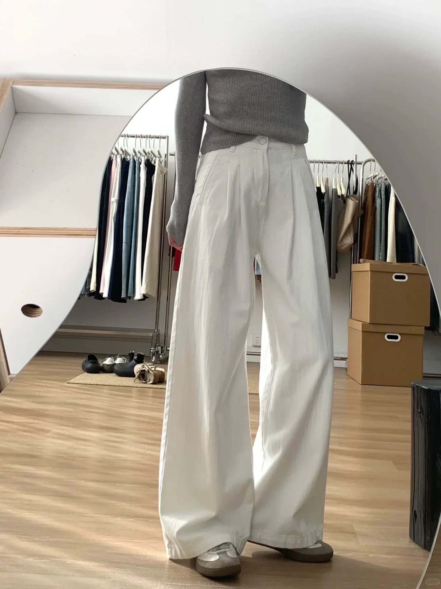 Quần ống rộng họa tiết trắng dành cho nữ, phong cách đầu thu, cỡ lớn, lưng cao, che hông, giảm béo, dáng quả lê, quần dài thường ngày