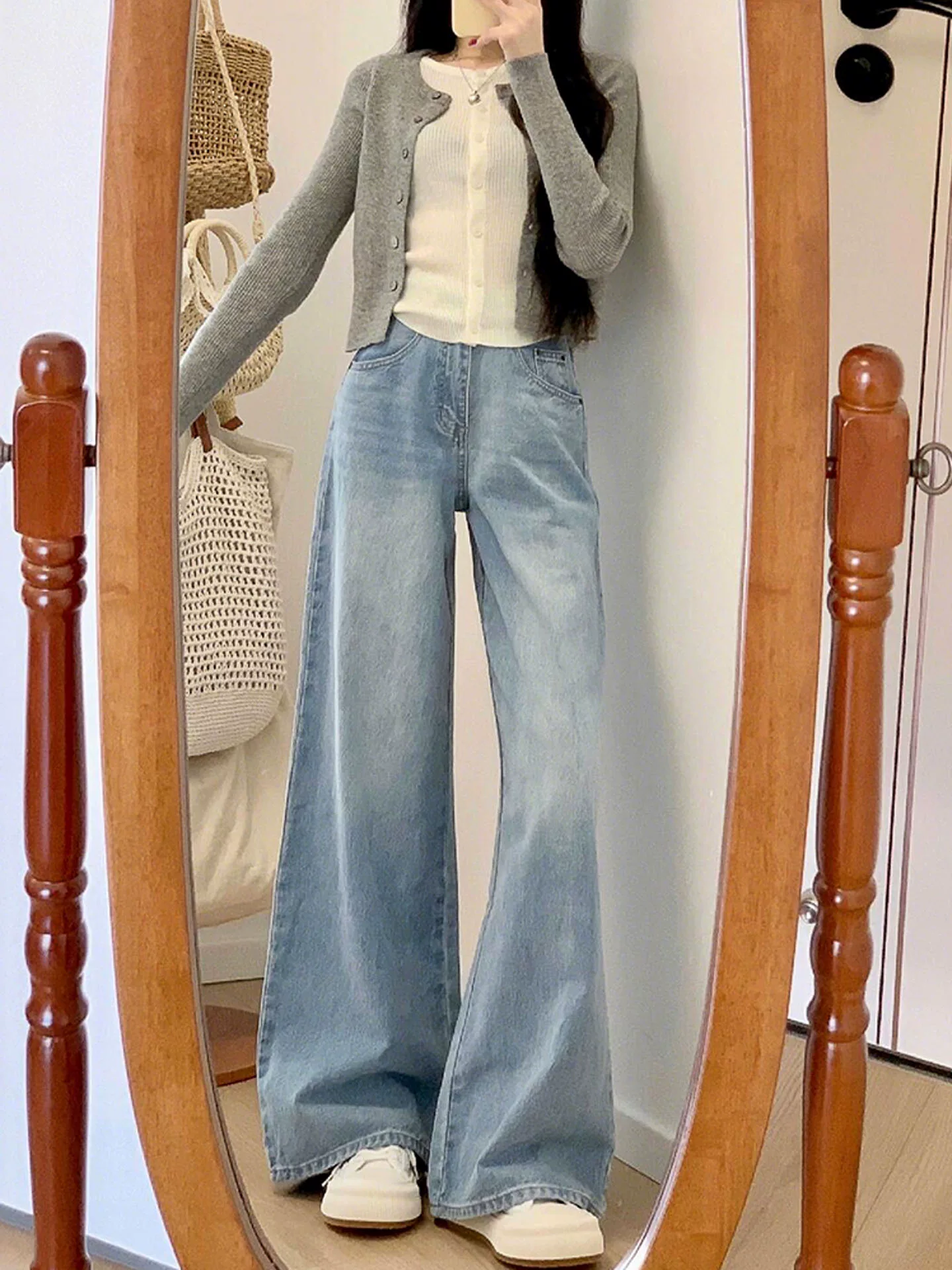 Quần jean ống rộng màu sáng cho nữ, kiểu dáng mùa thu mới, cỡ lớn, lưng cao, dáng rộng, giảm béo, dáng quả lê, quần ống thẳng