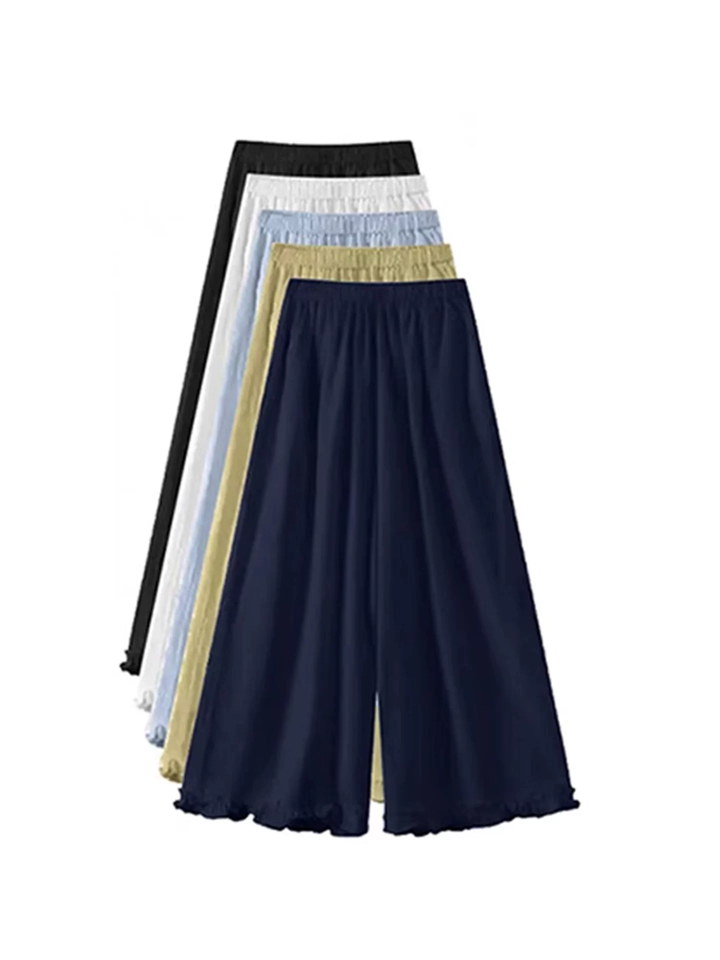 Quần ren màu xanh hải quân dành cho nữ, phong cách mùa hè, cỡ lớn, lưng cao, dáng rộng, thon gọn, quần ống rộng ngắn.