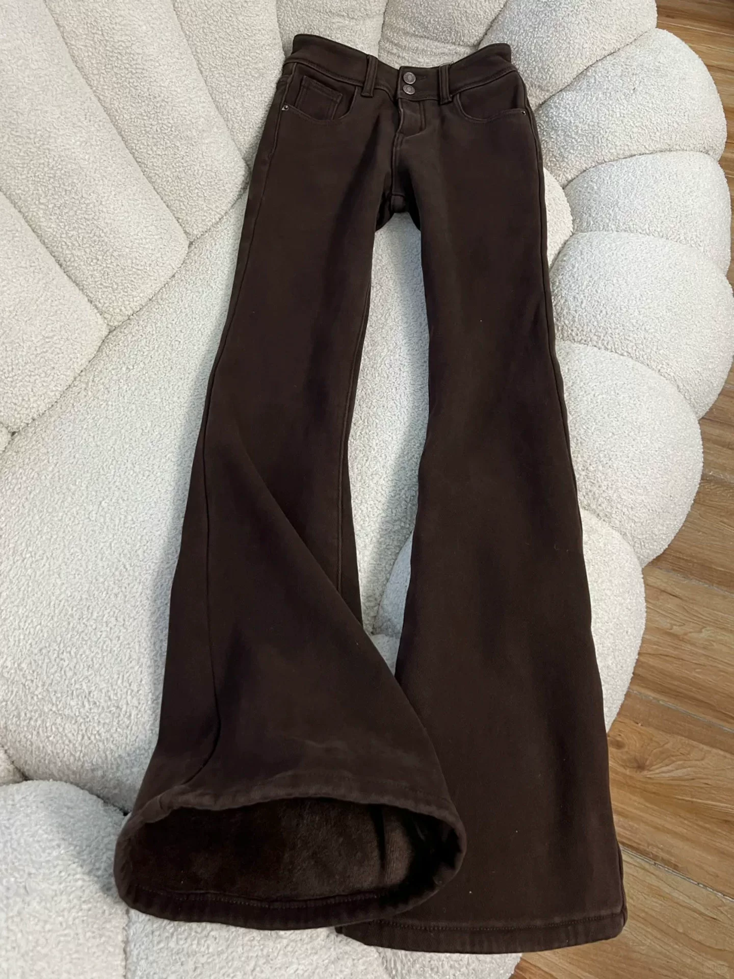 Quần jean ống loe dày lót lông cừu màu cà phê Melard dành cho nữ, mùa thu đông, cỡ lớn, lưng cao, giảm béo, ống chuông, quần dài đến sàn.