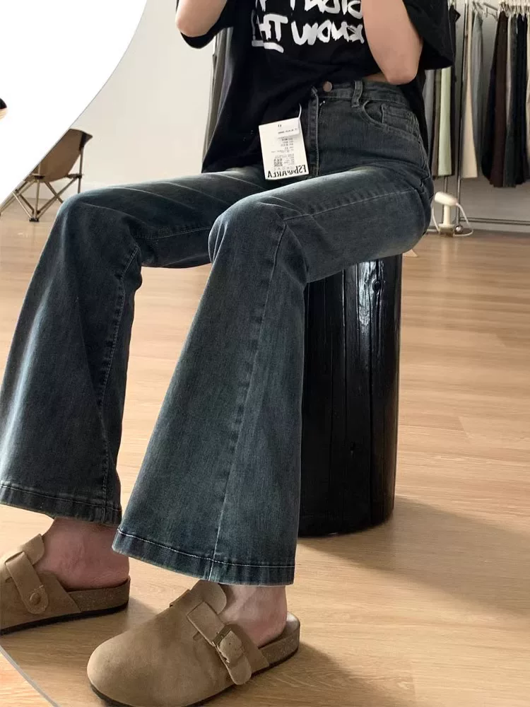 Quần jean xòe màu xanh cổ điển dáng quả lê dành cho nữ phong cách đầu thu cỡ lớn quần ống rộng che hông cạp cao giảm béo