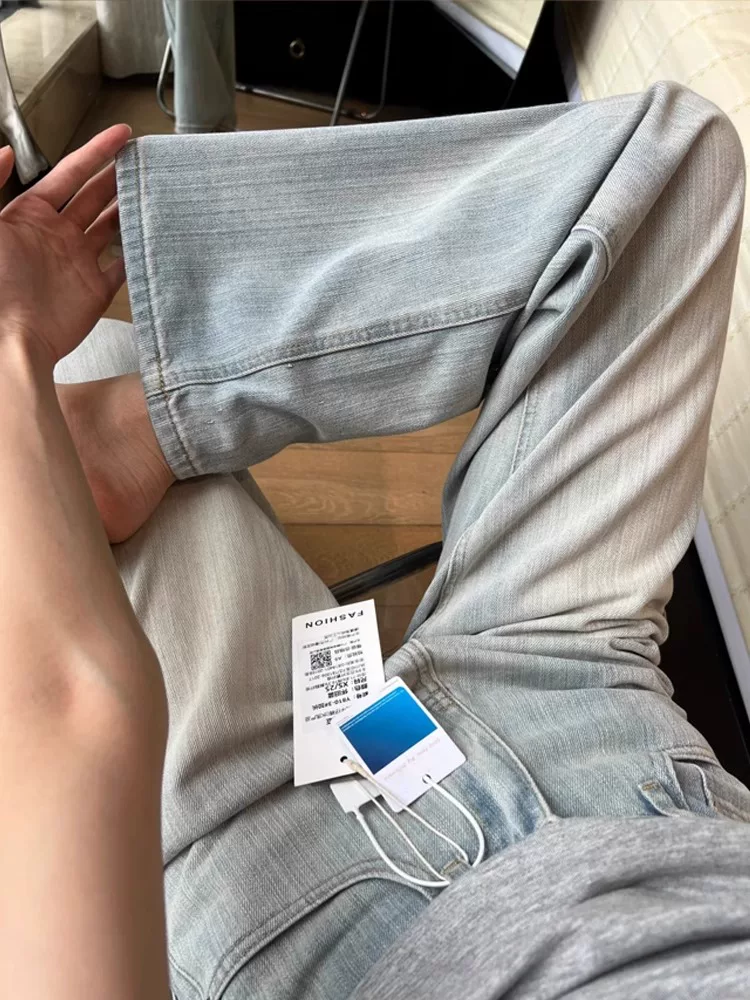 Quần jean ống thẳng màu sáng dáng quả lê dành cho nữ, size lớn mùa xuân, cạp cao, dáng rộng, tôn dáng, quần ống rộng có họa tiết