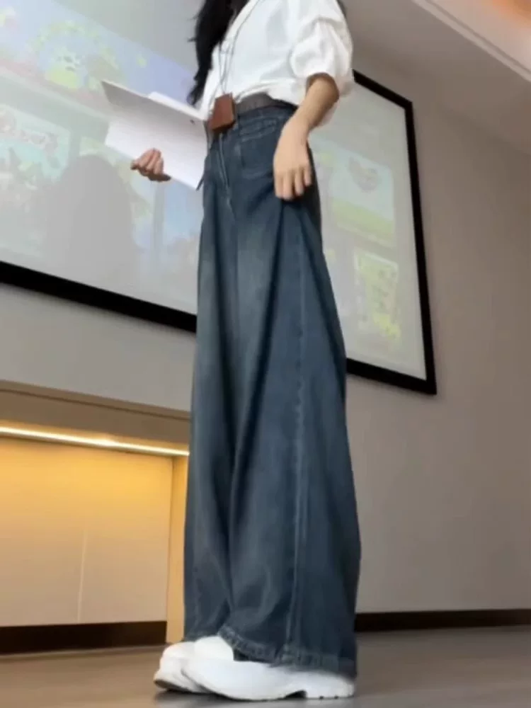 Quần jean ống đứng cho nữ, kiểu dáng mùa thu mới, cỡ lớn, lưng cao, dáng rộng, che hông, giảm béo, quần ống rộng dáng chữ A mềm mại