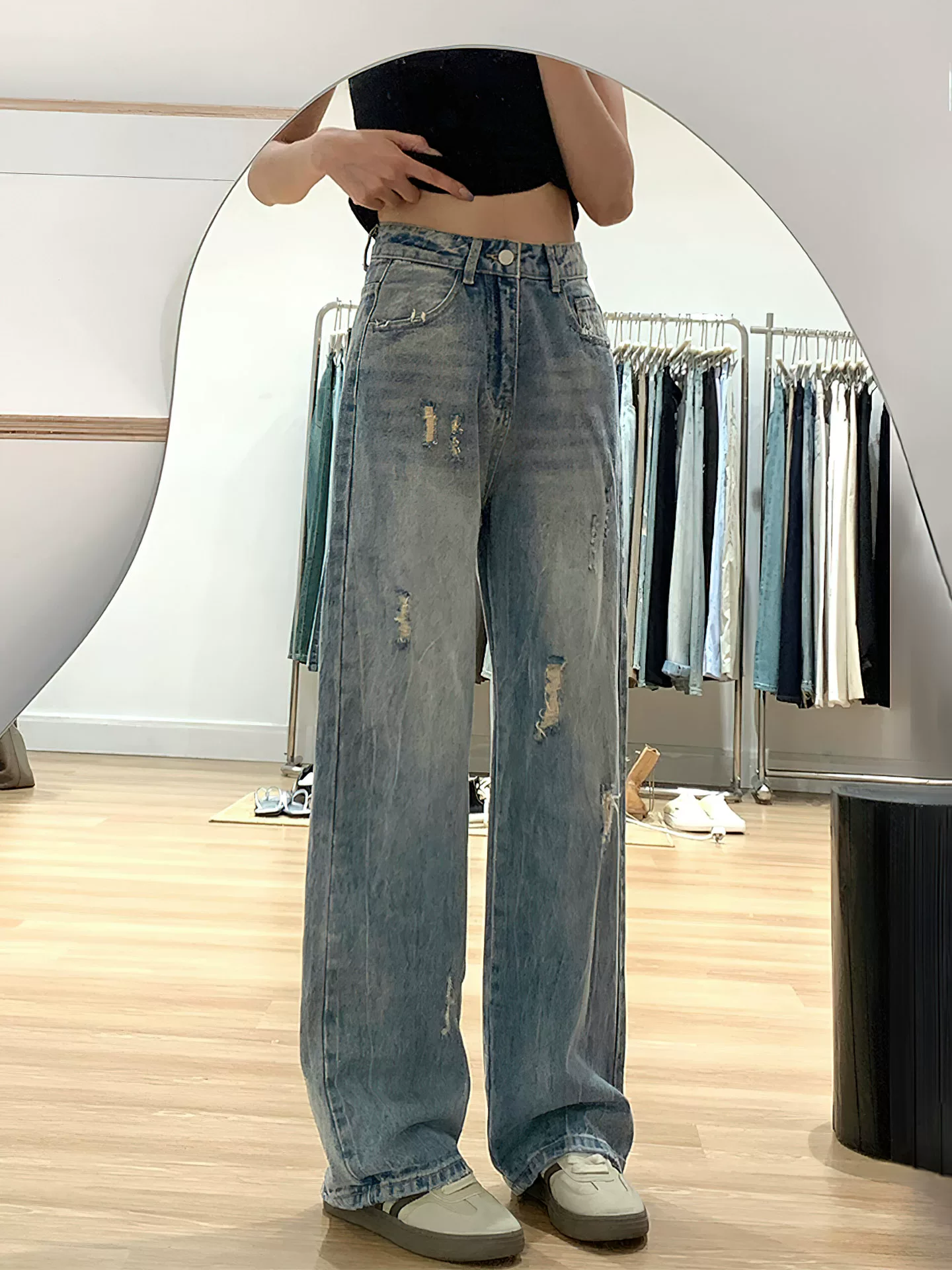 Quần jean rách màu xanh cổ điển dành cho nữ, phong cách mùa thu mới, cỡ lớn, lưng cao, dáng rộng, thon gọn, dáng quả lê, quần ống rộng
