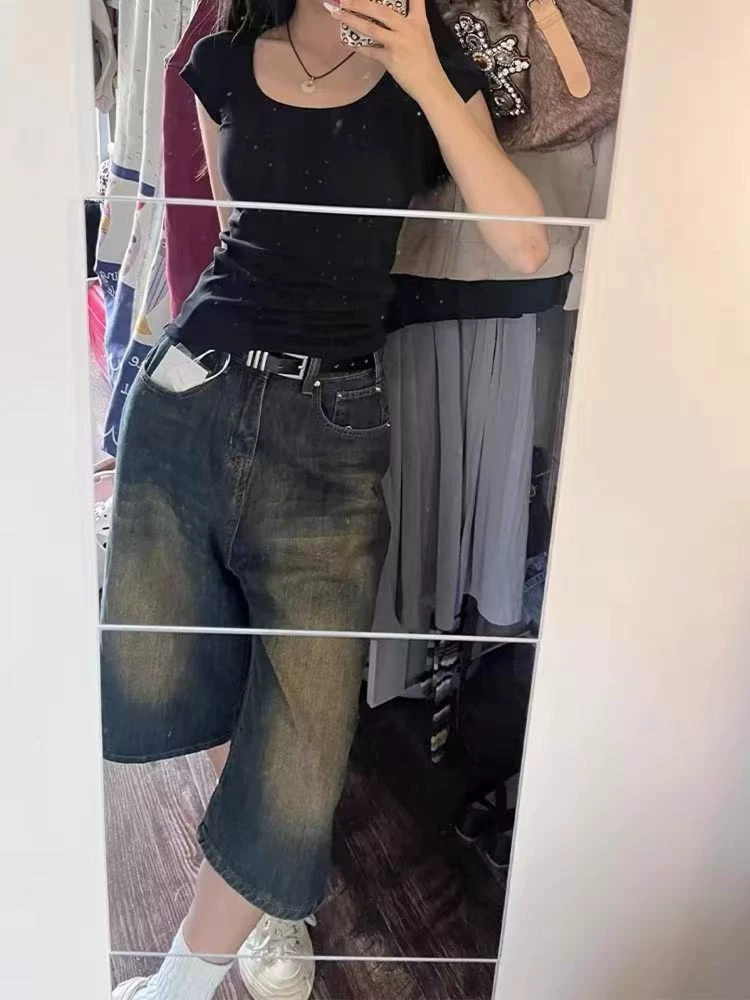 Quần short denim ống đứng cổ điển dành cho nữ, kiểu mới hè 2025, size lớn, cạp cao, rộng rãi, tôn dáng, ống rộng, quần lửng.