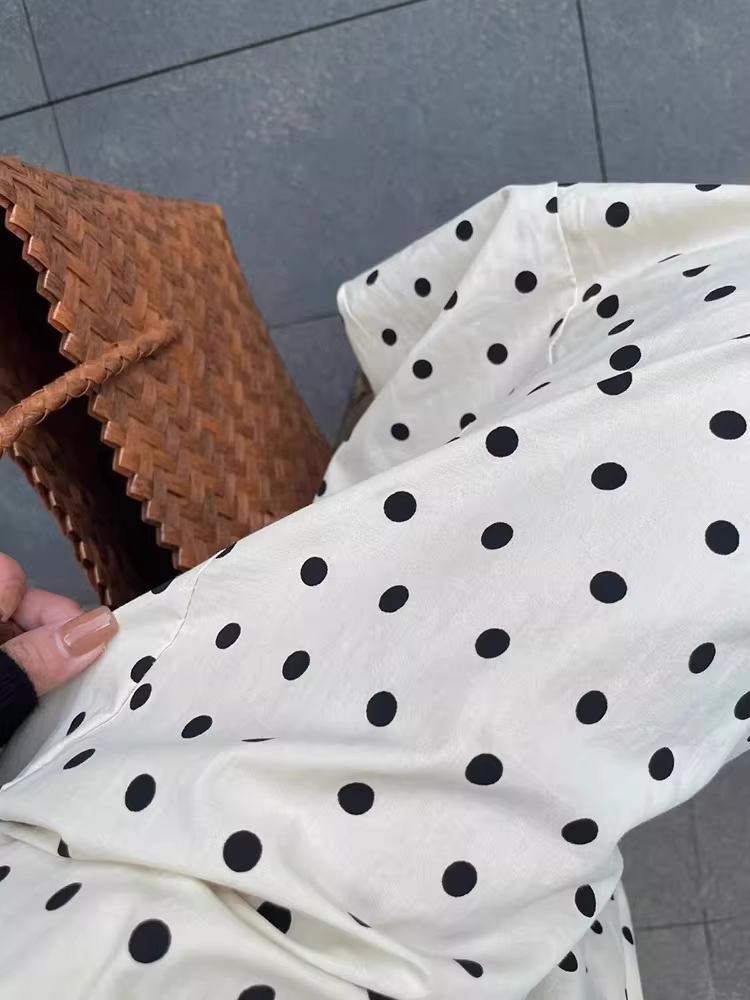 Quần thường ngày chấm bi cho nữ, cỡ lớn mùa hè, quần Yamamoto, lưng cao, dáng rộng, giảm béo, quần ống rộng, quần bóng.