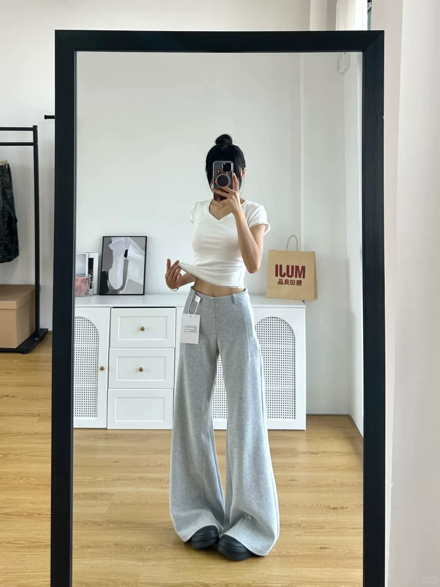 Quần ống loe màu xám lười biếng dành cho nữ, mùa thu đông, cỡ lớn, lưng cao, giảm béo, dáng suôn, dáng quả lê, quần thể thao ống rộng