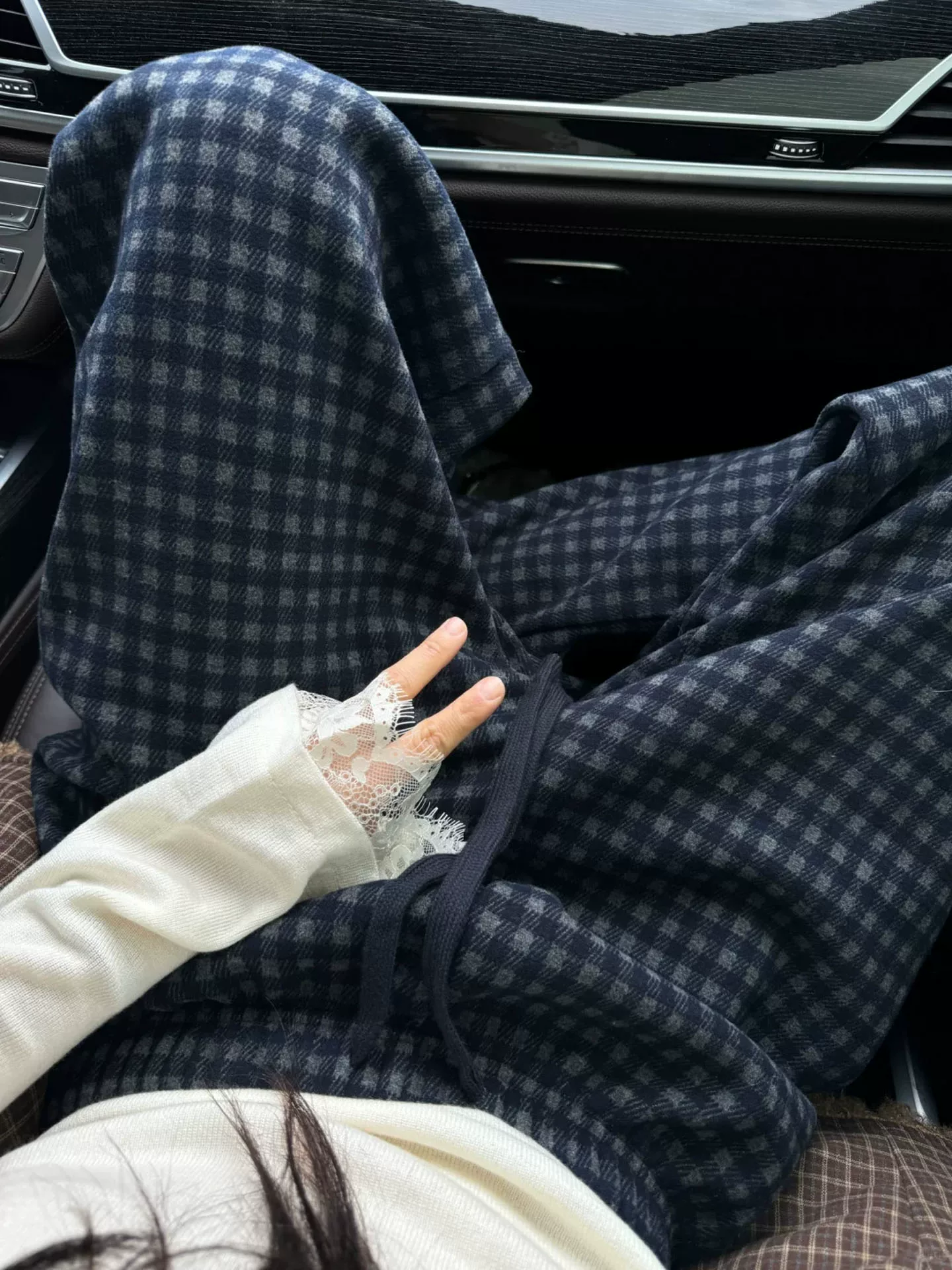 Quần kẻ sọc len lười biếng kiểu cổ điển dành cho nữ vào mùa thu đông, cỡ lớn, eo cao, dáng rộng, tạo cảm giác thon gọn, quần ống rộng thẳng