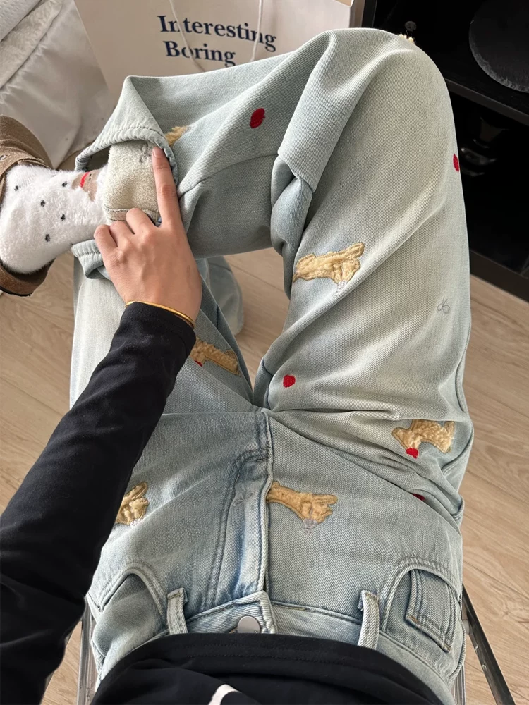 Quần jean ống thẳng dày lót lông cho chó Dachshund dành cho nữ, phong cách thu đông, cỡ lớn, lưng cao, dáng rộng, giảm béo, quần ống rộng