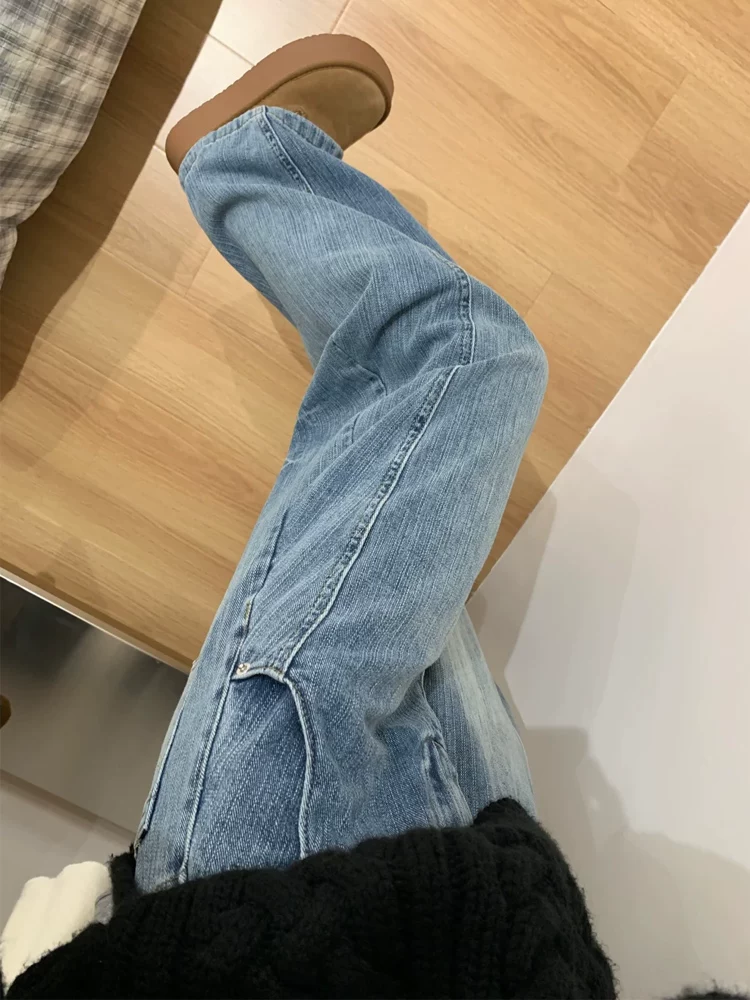 Quần jean kiểu cổ điển Mỹ dành cho nữ, phong cách thu đông mới, cỡ lớn, lưng cao, dáng rộng, che hông, giảm béo, quần ống rộng