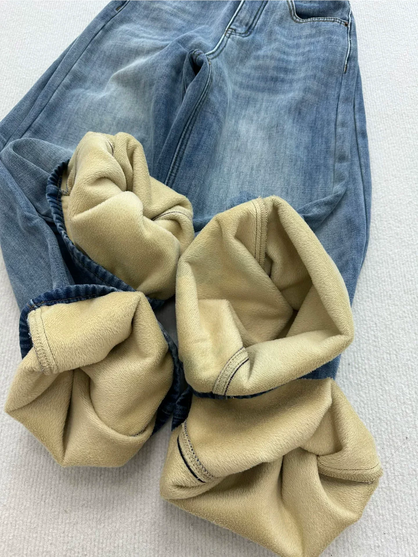 Quần jean ống đứng dày dặn lót lông cừu cổ điển dành cho nữ, cỡ lớn mùa đông, cạp cao, dáng rộng, tôn dáng, ấm áp, quần ống rộng