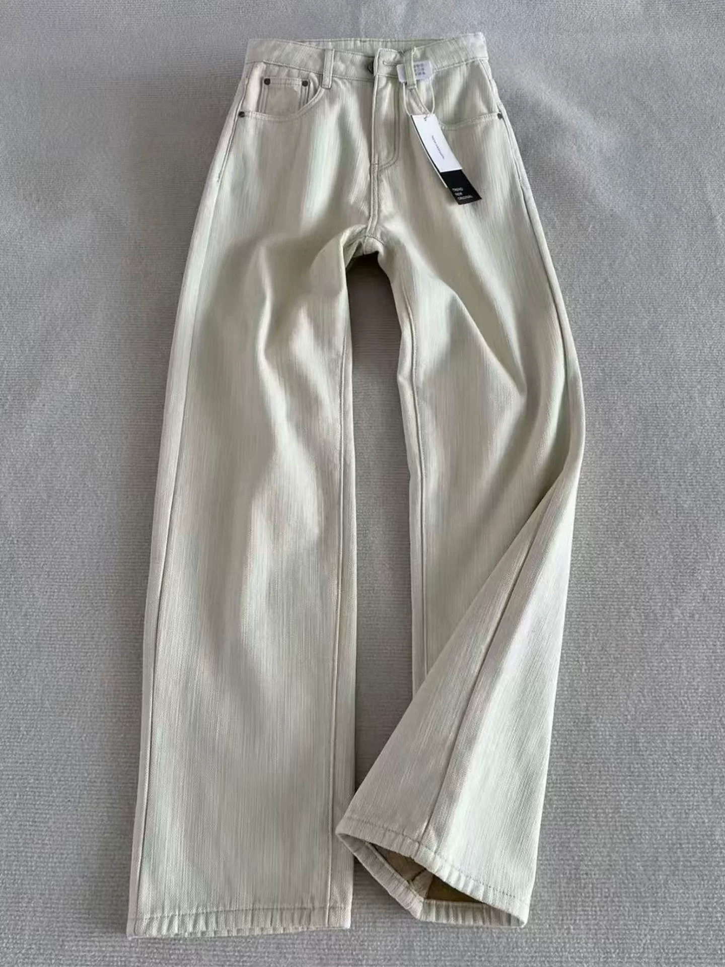 Quần jean ống đứng dày lót lông màu trắng nhạt dành cho nữ, mùa thu đông, cỡ lớn, lưng cao, dáng rộng, dáng quả lê, quần ống rộng