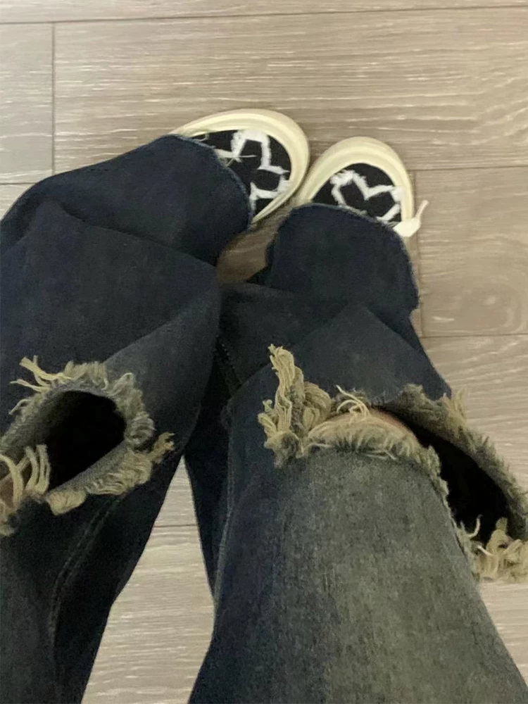 Quần jean ống thẳng rách kiểu Mỹ cổ điển dành cho nữ, phong cách mùa xuân mới, cỡ lớn, lưng cao, dáng rộng, tôn dáng, ống rộng, quần dài chạm sàn