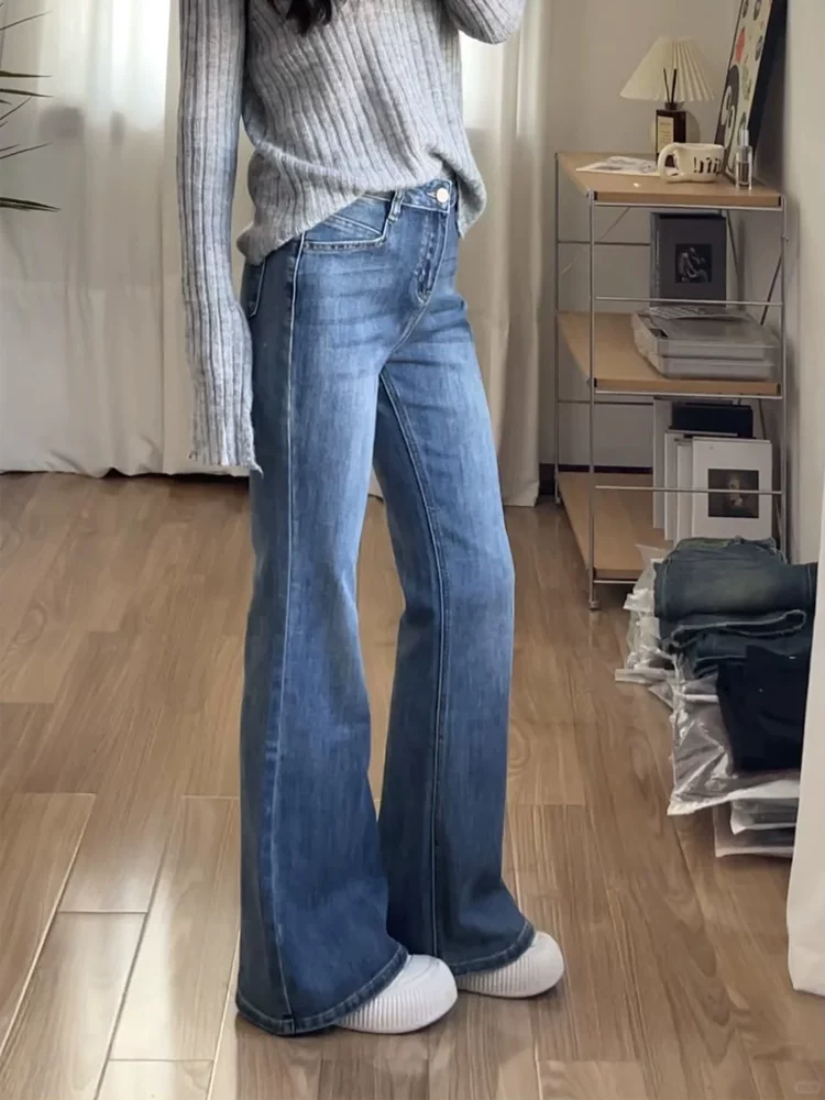 Quần jean dáng chuông dành cho nữ, size lớn mùa xuân, cạp cao, co giãn, che hông, tôn dáng, quần dài ống loe