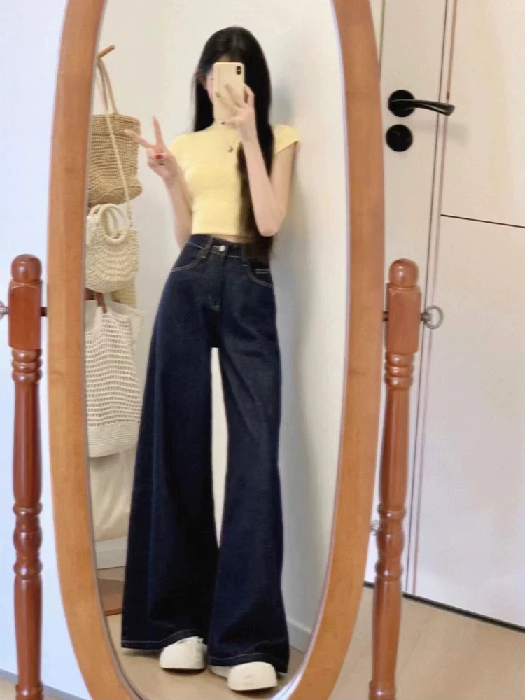 Quần jean ống thẳng dáng quả lê dành cho nữ, kiểu dáng mới mùa xuân, cỡ lớn, lưng cao, dáng rộng, màu xanh đậm, ống rộng, quần dài chạm sàn