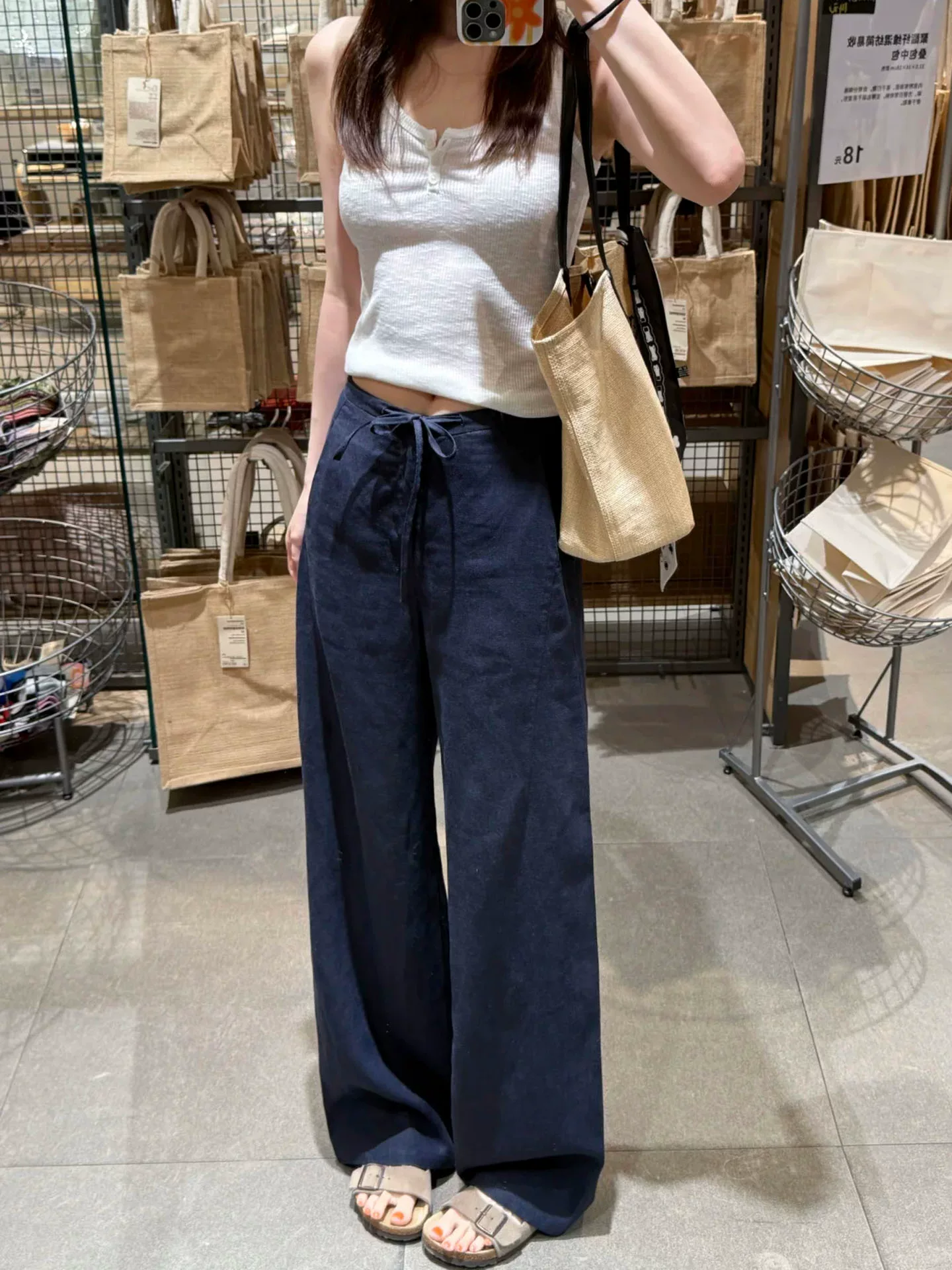 Quần ống rộng bằng vải cotton-linen màu xanh hải quân dành cho nữ, kiểu dáng mỏng mùa hè, cỡ lớn, lưng cao, vải lụa băng, dáng suôn, quần ống thẳng thông thường.