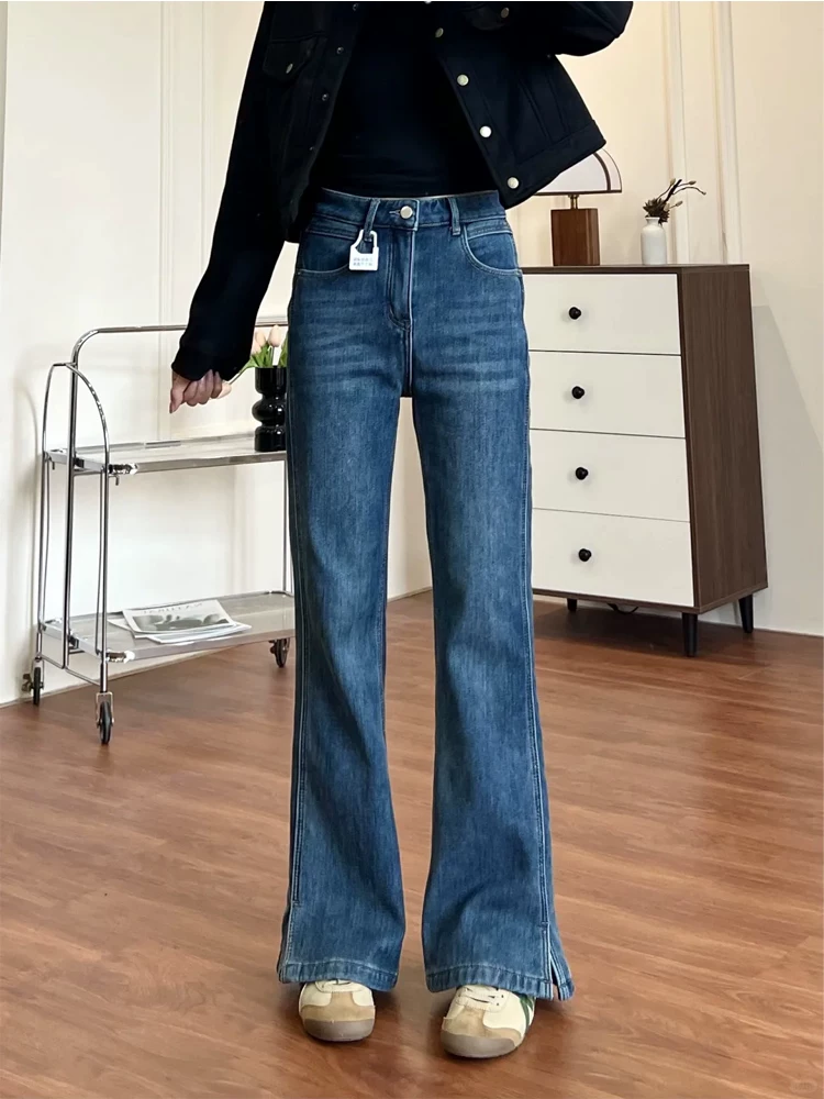 Quần jean ống loe nữ, kiểu thu đông, size lớn, cạp cao, co giãn, tôn dáng, lót lông cừu, dày dặn.