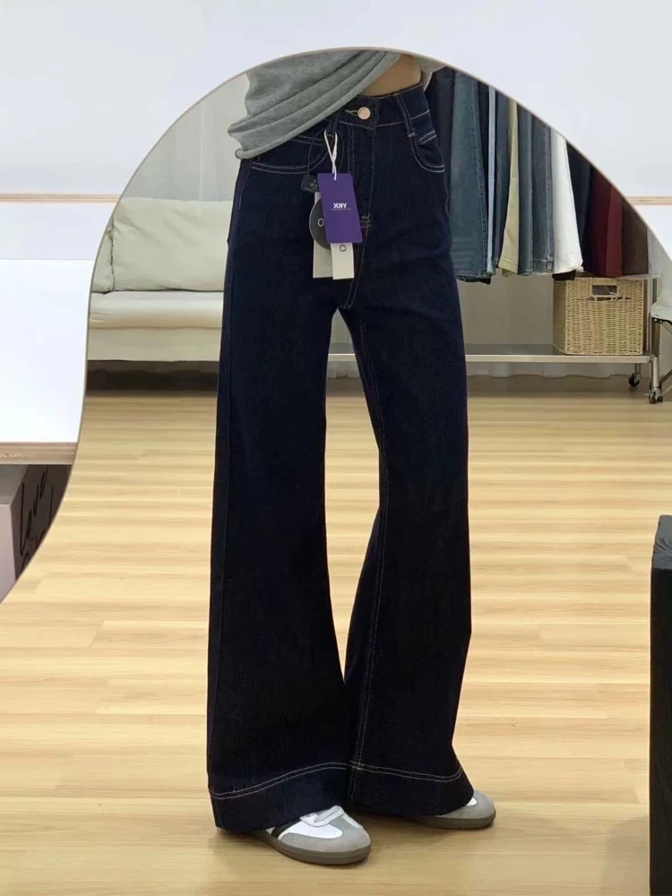 Quần jean ống thẳng màu xanh denim dành cho nữ, kiểu dáng mùa thu mới, cỡ lớn, lưng cao, dáng rộng, mềm mại, tôn dáng, quần ống rộng hẹp.