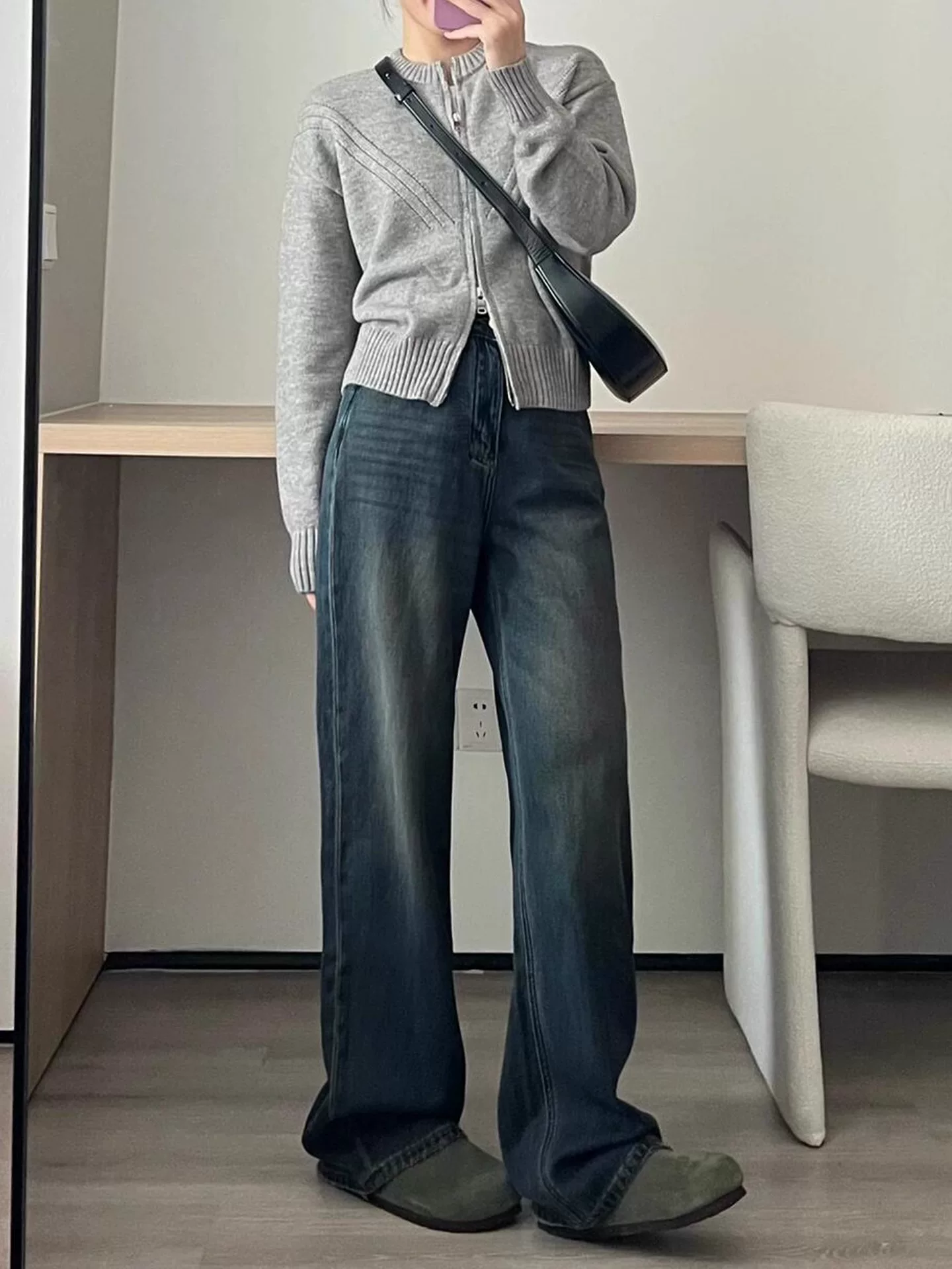 Quần jean ống đứng màu xanh cổ điển dành cho nữ, cỡ lớn, mùa thu đông, lót lông cừu, lưng cao, dáng rộng, giảm béo, dáng quả lê, quần ống rộng