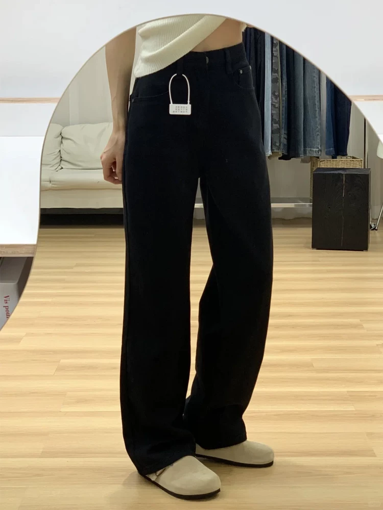 Quần jean ống rộng màu đen dành cho nữ, phong cách mới đầu xuân, cỡ lớn, lưng cao, dáng rộng, giảm béo, dáng quả lê, quần ống thẳng