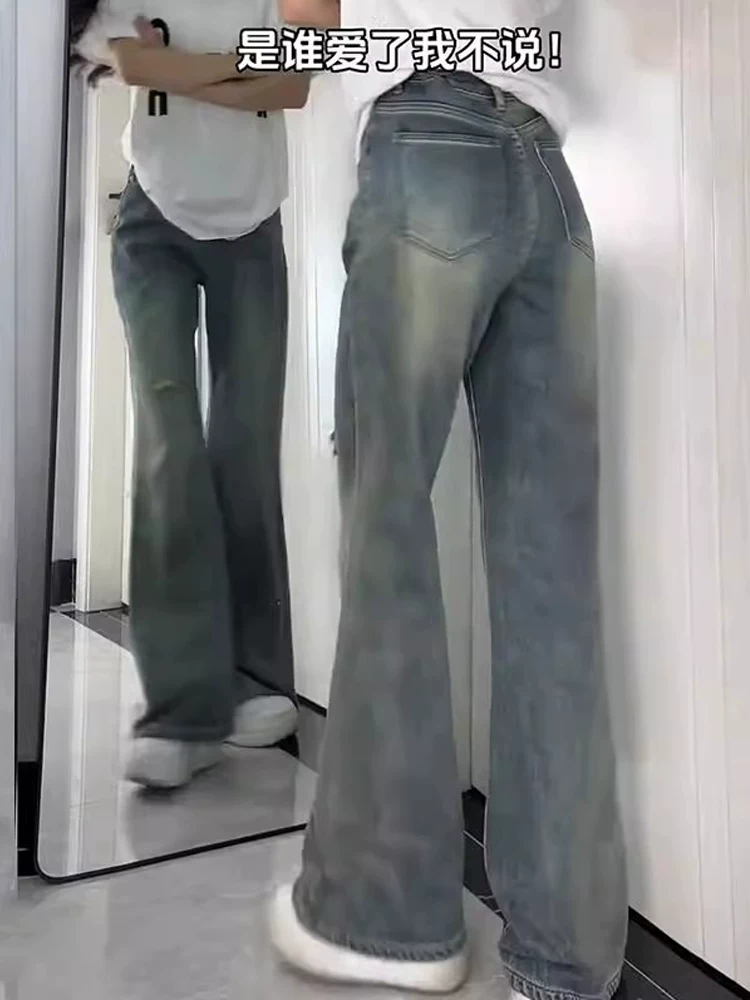 Quần jeans rách dáng loe dành cho nữ, mùa thu, size lớn, cạp cao, co giãn, tôn dáng, dành cho người có dáng quả lê, quần ống chuông