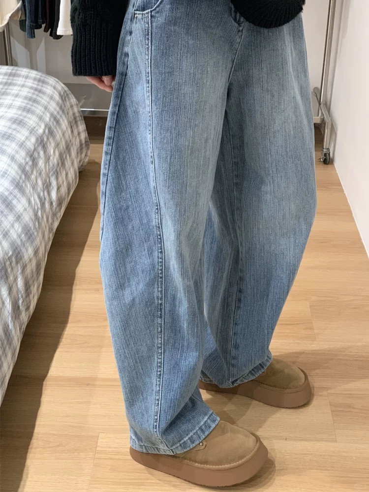 Quần jean kiểu cổ điển Mỹ dành cho nữ, phong cách thu đông mới, cỡ lớn, lưng cao, dáng rộng, che hông, giảm béo, quần ống rộng