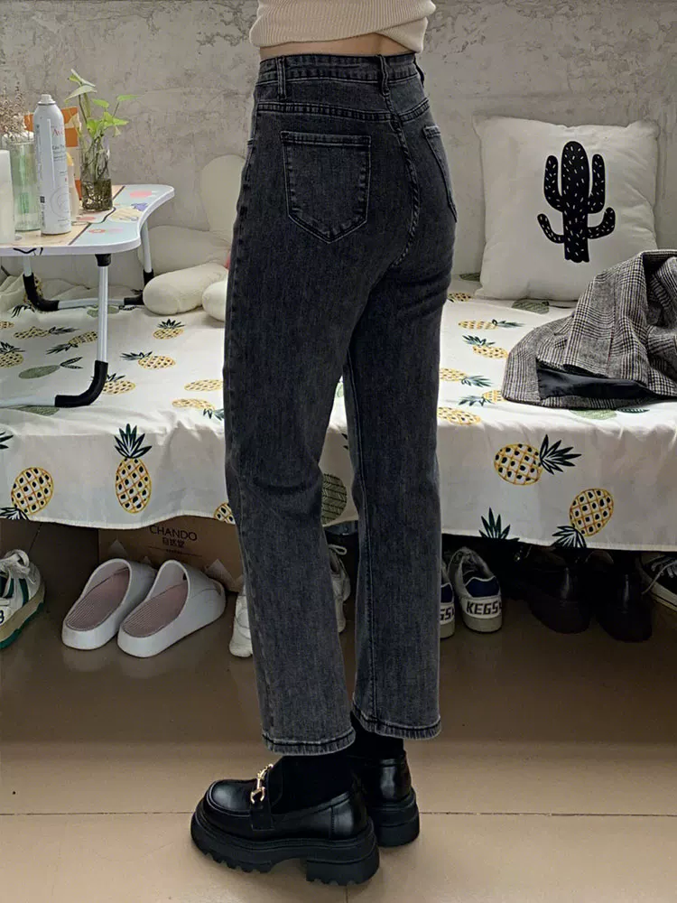 Quần jean ống đứng dáng quả lê dành cho nữ, phong cách đầu thu, cỡ lớn, lưng cao, giảm béo, nhỏ nhắn, quần thuốc lá ống lửng.