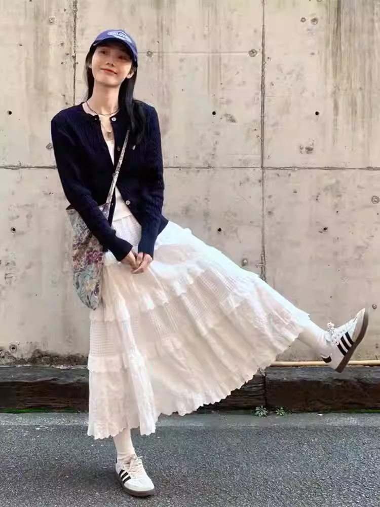 Váy tutu ren trắng cho nữ mùa hè 2025, size lớn, cạp cao, dáng chữ A, dài qua gối, kiểu bánh bèo, tôn dáng