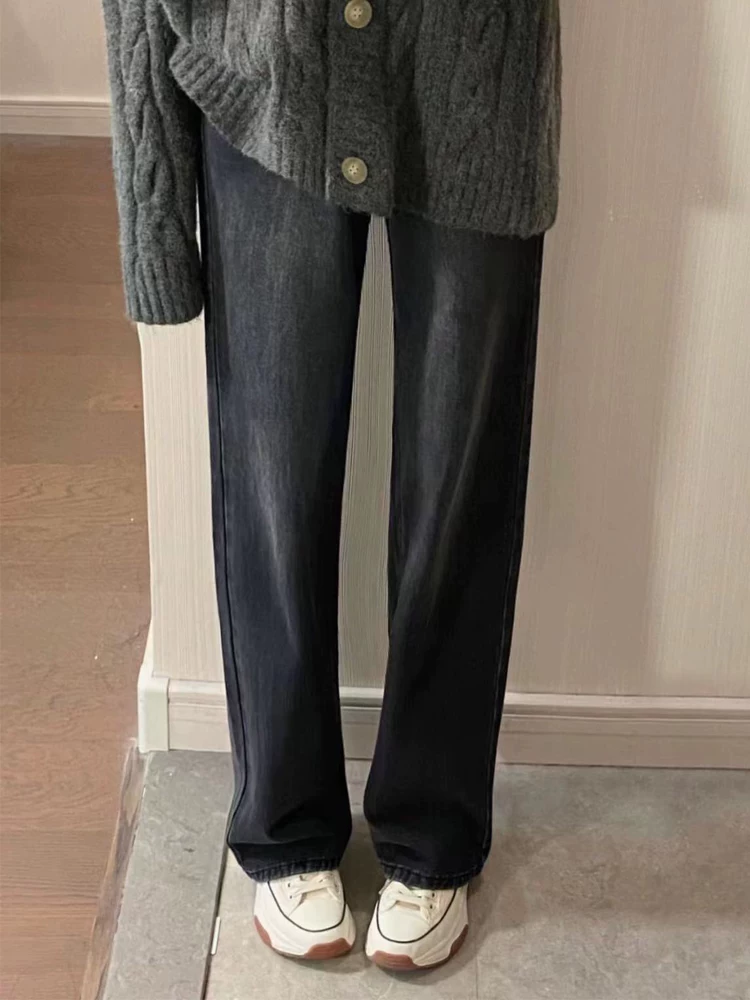 Quần jeans ống đứng dáng quả lê cho nữ thu đông 2025, size lớn, cạp cao, rộng rãi, tôn dáng, dài, ống rộng