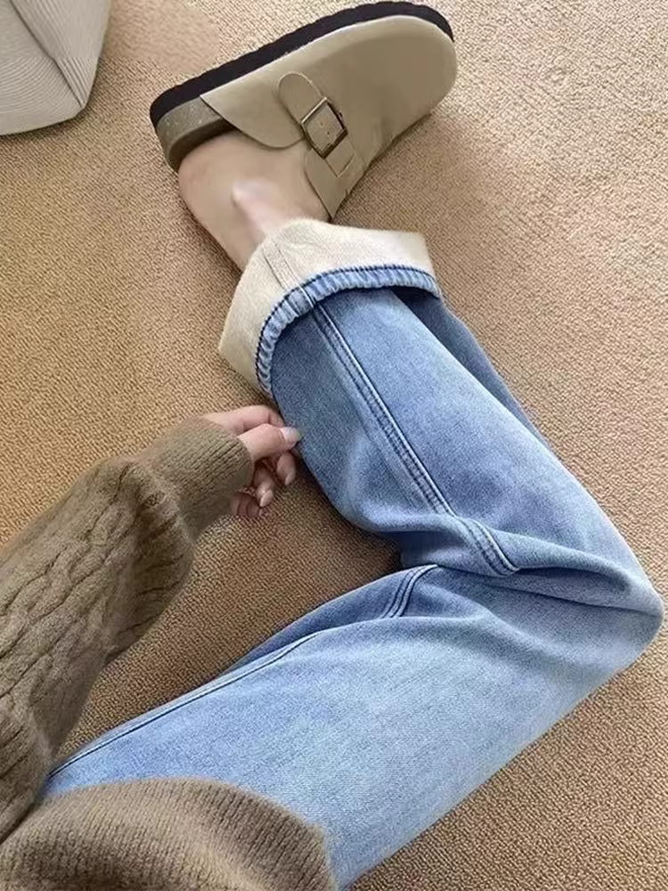 Quần jean ống đứng màu xanh nhạt dành cho nữ, mùa thu đông, cỡ lớn, lót lông cừu, dày dặn, lưng cao, dáng rộng, dáng suông, quần ống rộng hẹp.