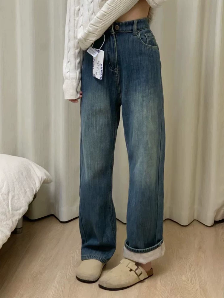 Quần jean ống thẳng dày lót lông màu xanh cổ điển dành cho nữ, mùa thu đông, cỡ lớn, lưng cao, dáng rộng, che hông, quần ống rộng