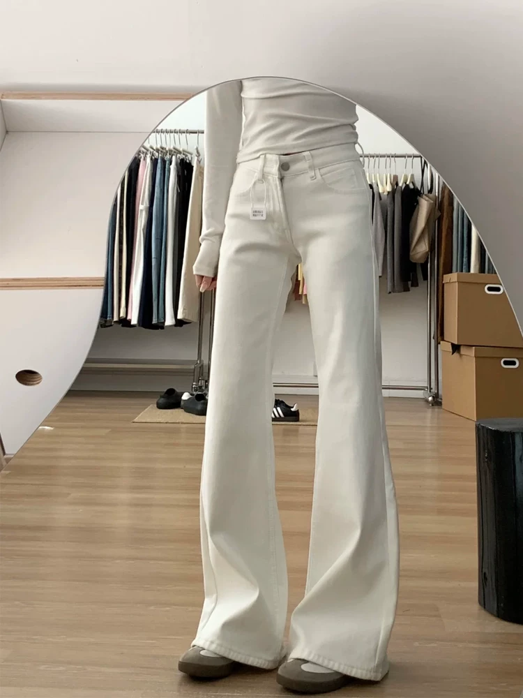 Quần jeans trắng dáng loe nữ, kiểu mới thu 2025, size lớn, cạp cao, co giãn, che hông, tôn dáng, quần ống chuông