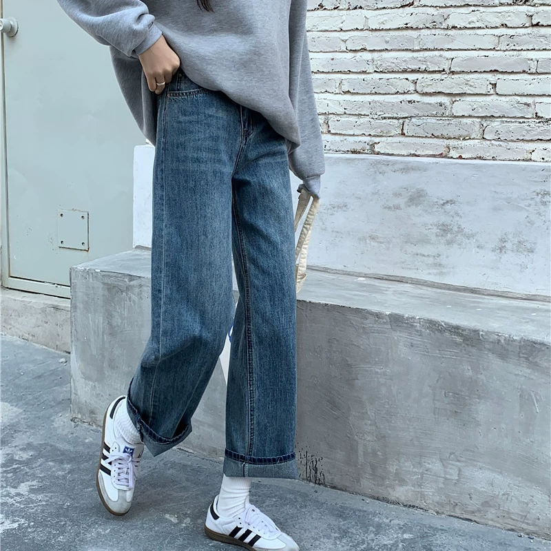 Quần jean ống đứng dáng quả lê dành cho nữ, phong cách mới đầu thu, quần ống rộng cạp cao dáng rộng cỡ lớn, quần ống rộng cỡ lớn.