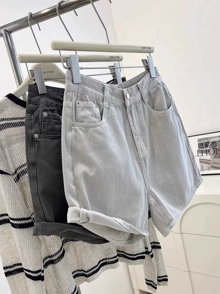 Quần short denim màu xám đậm dành cho nữ, cỡ lớn mùa hè, lưng cao, dáng rộng, tôn dáng, quần ống rộng chữ A dành cho người có thân hình quả lê.