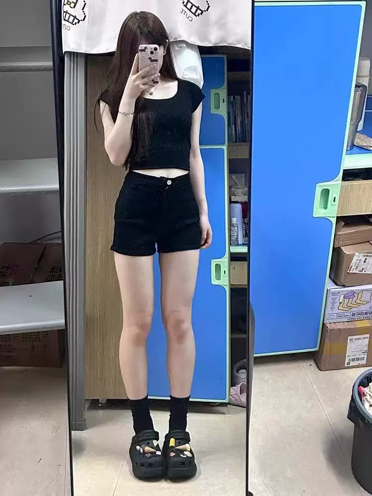 Quần short denim đen dành cho nữ, mùa hè, cỡ lớn, lưng cao, co giãn, che bụng, giảm béo, dáng quả lê, quần chữ A nóng bỏng cho cô gái nóng bỏng